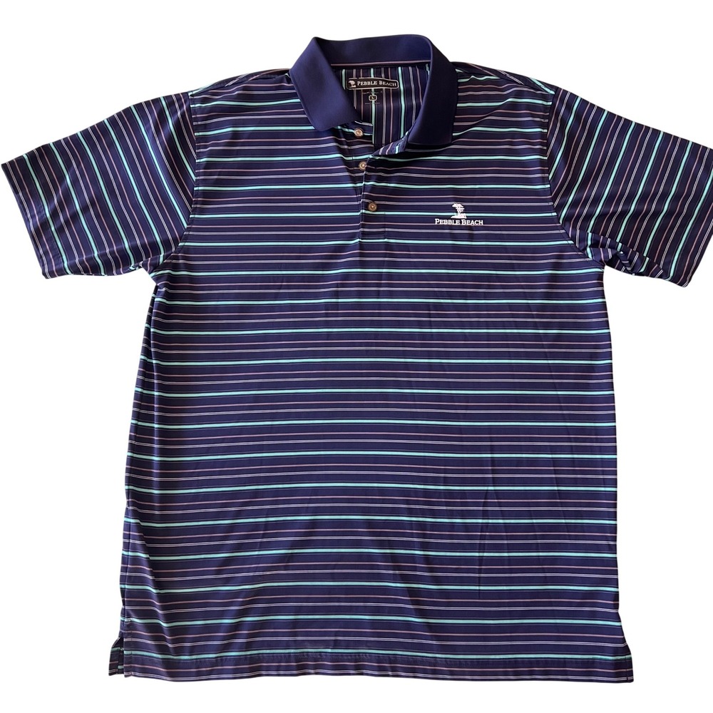 Pebble Beach‎ Golf Polo Shirt Men's Large Navy Stripe Short Sleeve Performance